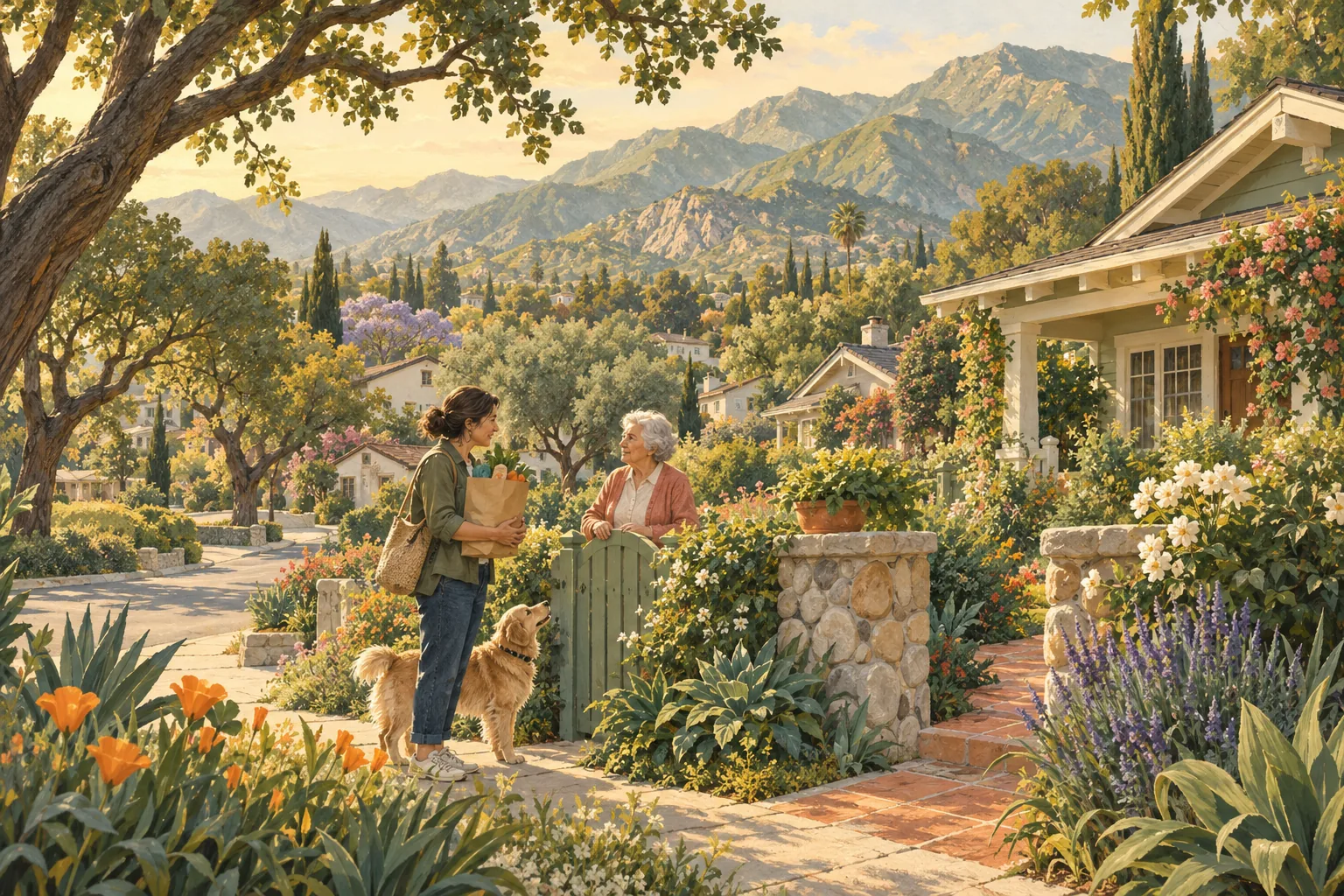 Illustration of neighbors sharing groceries at a garden gate beneath the San Gabriel foothills.